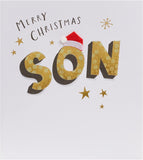 UK Greetings Christmas card for son featuring elegant gold lettering design, designed for festive holiday greetings.
