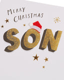 UK Greetings Christmas card for son featuring elegant gold lettering design, ideal for festive holiday greetings.