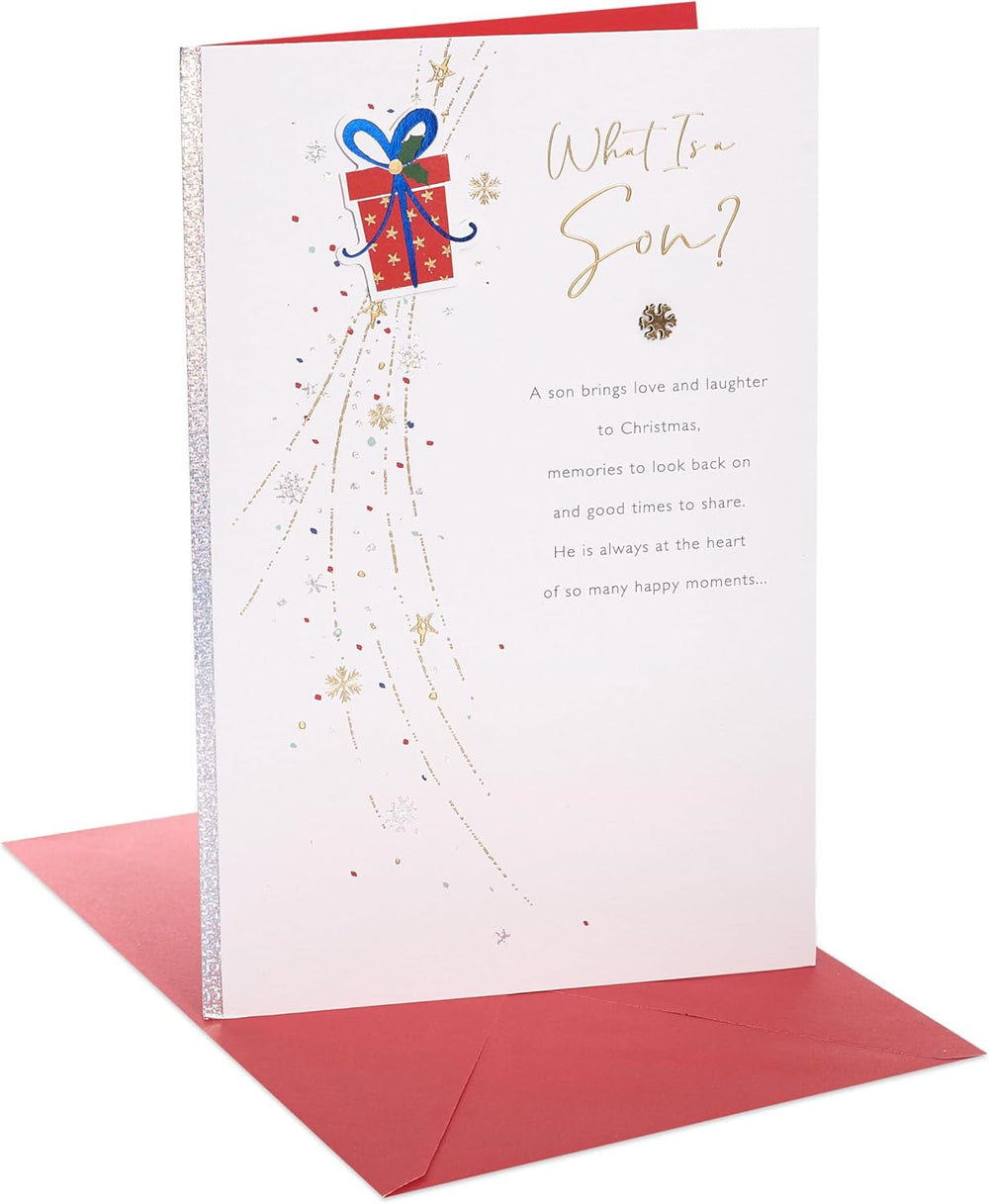 UK Greetings Christmas card for son featuring a festive, sentimental design with holiday-themed illustrations.