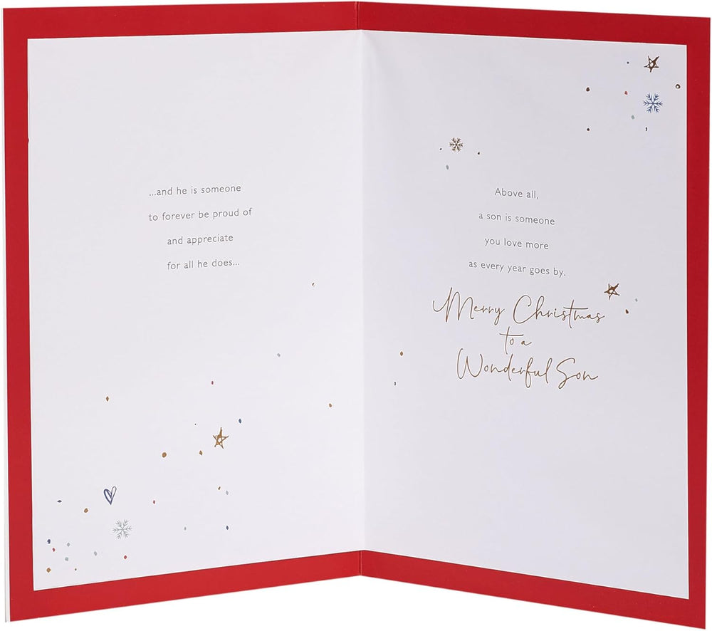 UK Greetings Christmas card for son featuring a festive, sentimental design with holiday imagery and heartfelt message.