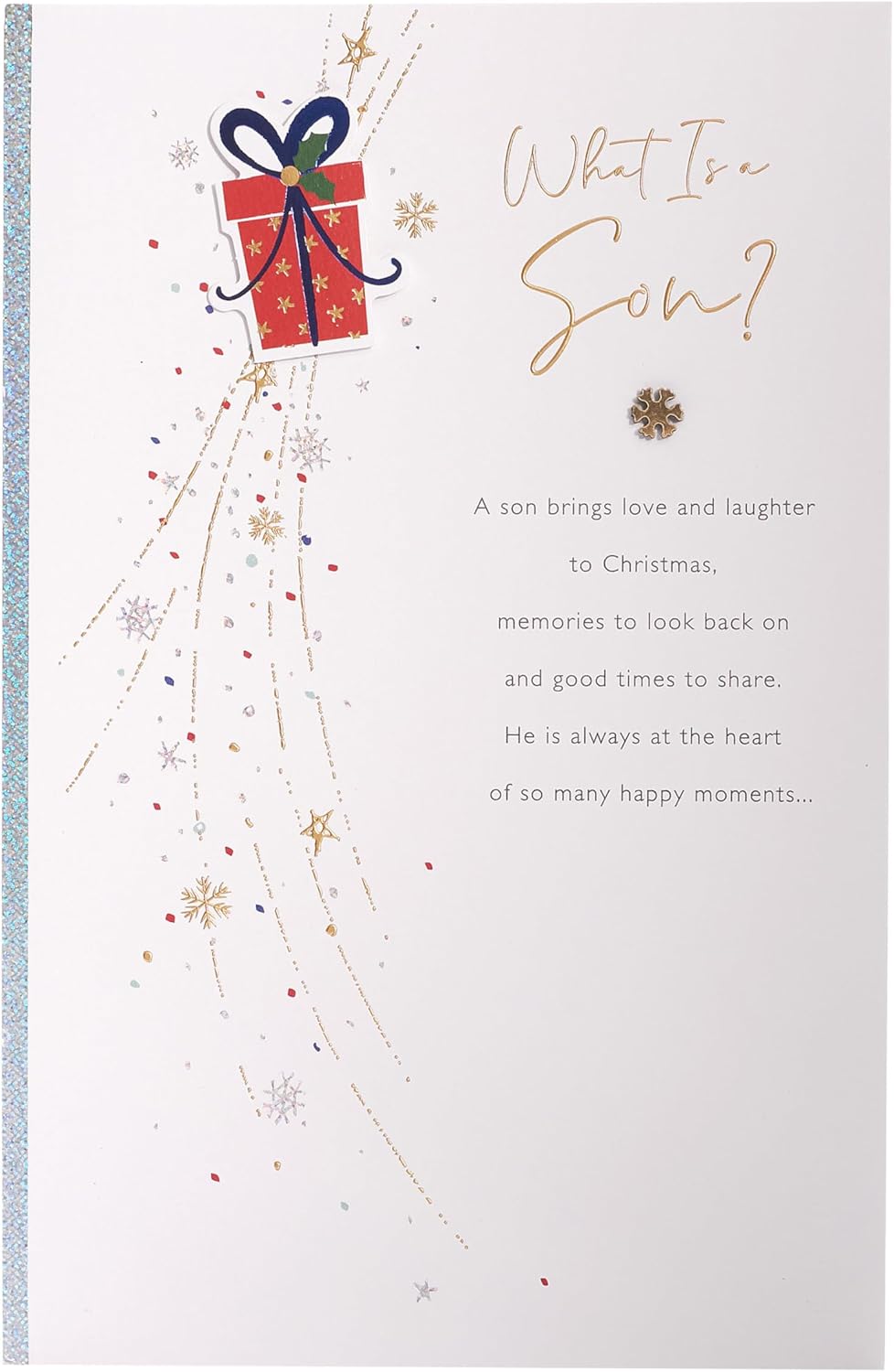 UK Greetings Christmas card for son with sentimental festive design, featuring holiday-themed artwork and heartfelt message.