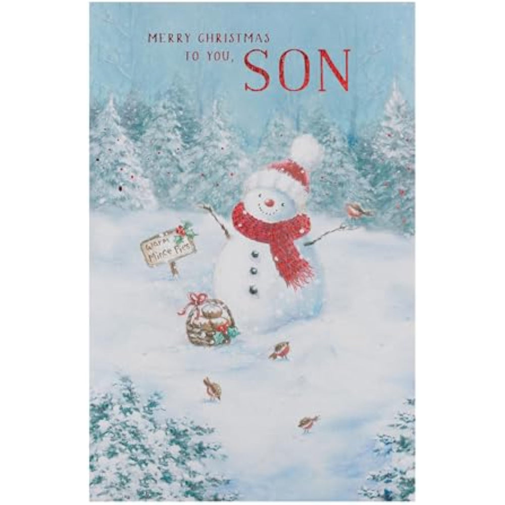 UK Greetings Christmas card for son featuring a festive snowman design, perfect for holiday greetings.