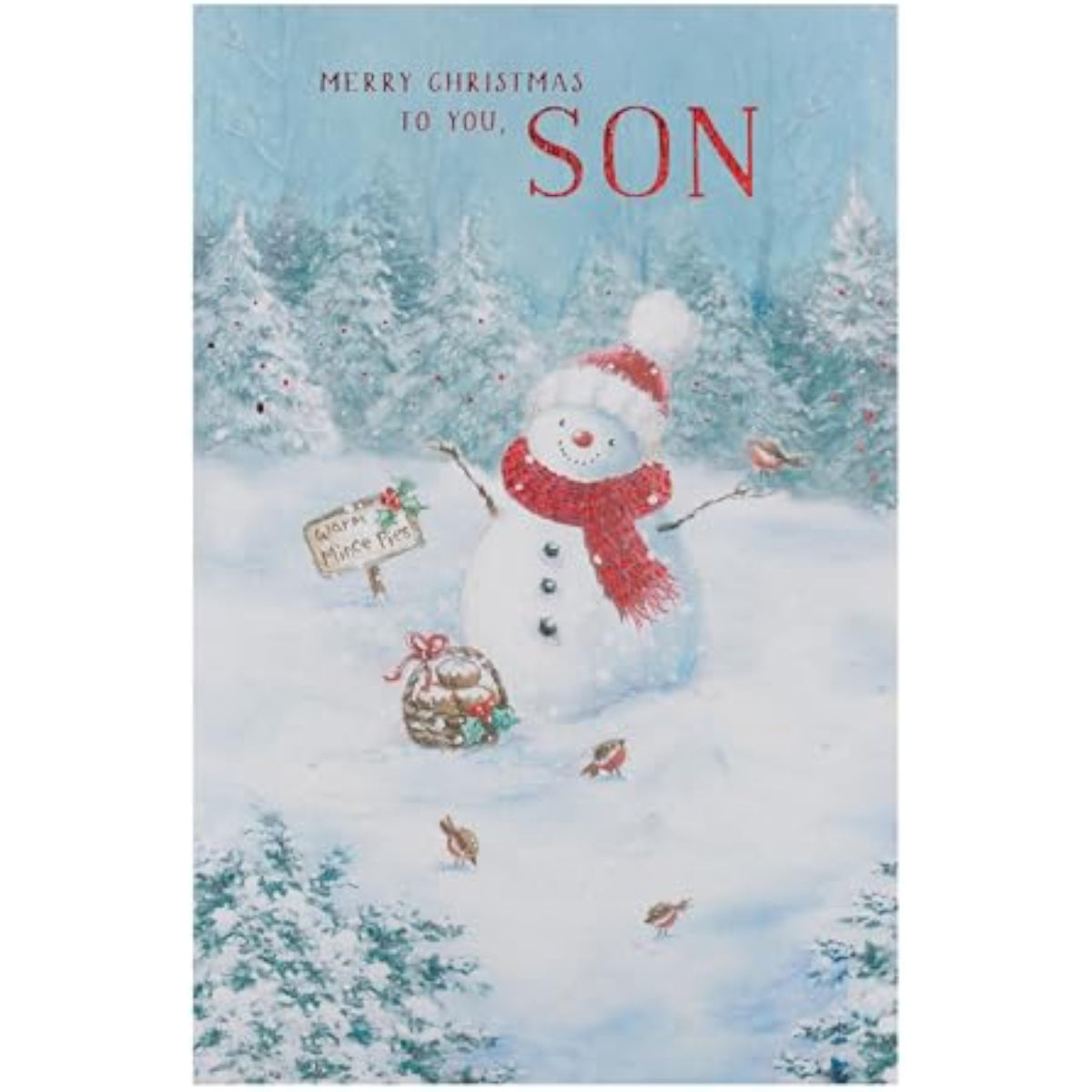 UK Greetings Christmas card for son featuring a festive snowman design, perfect for holiday greetings.