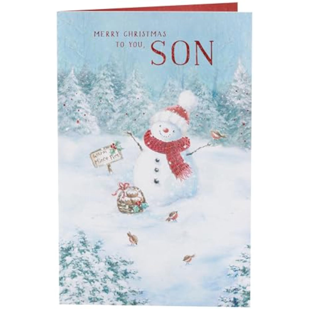 UK Greetings Christmas card for son featuring a festive snowman design, perfect for holiday greetings and seasonal wishes.