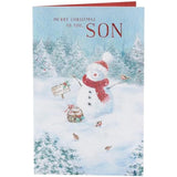 UK Greetings Christmas card for son featuring a festive snowman design, perfect for holiday greetings and seasonal wishes.