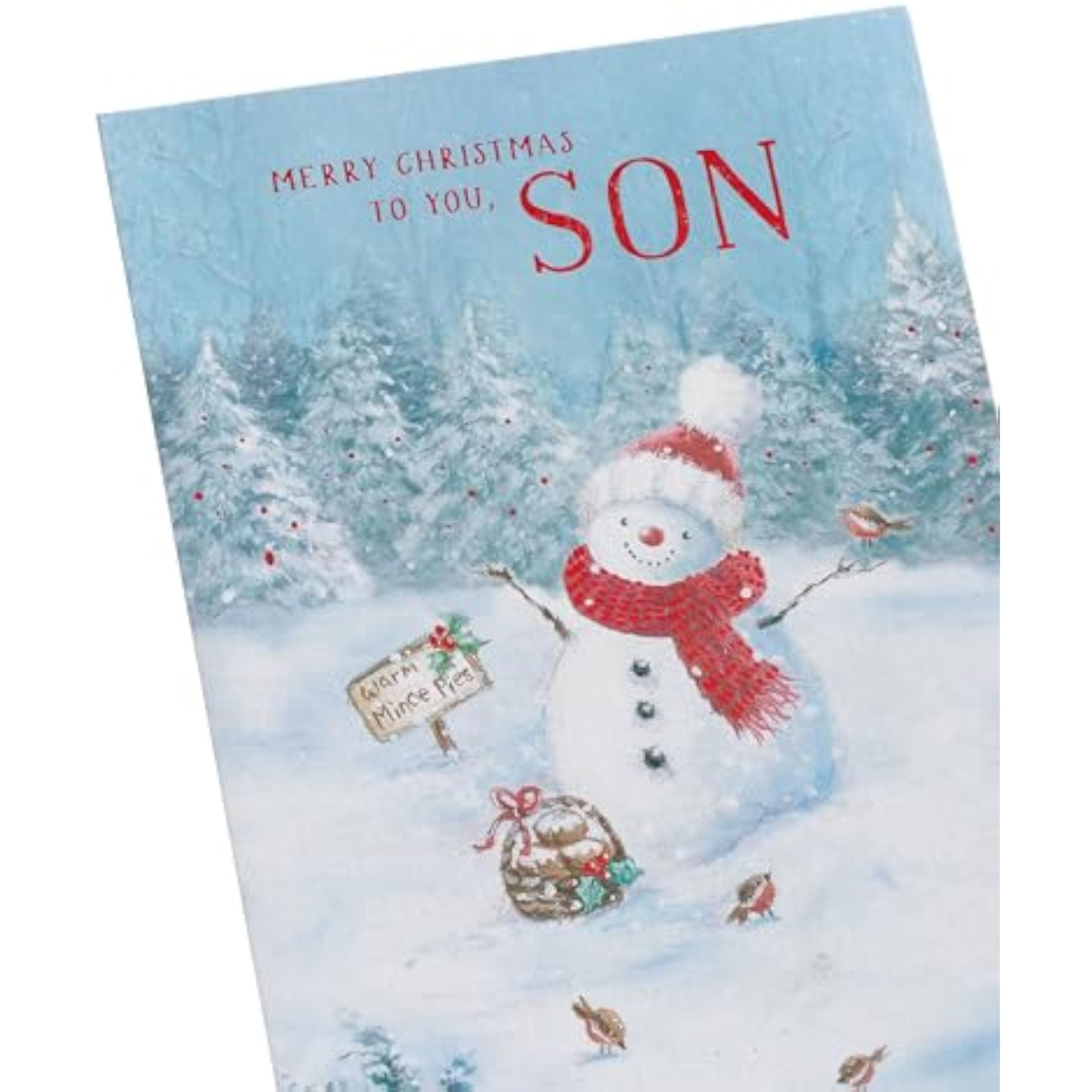 UK Greetings Christmas card for son featuring a festive snowman design, perfect for holiday greetings.
