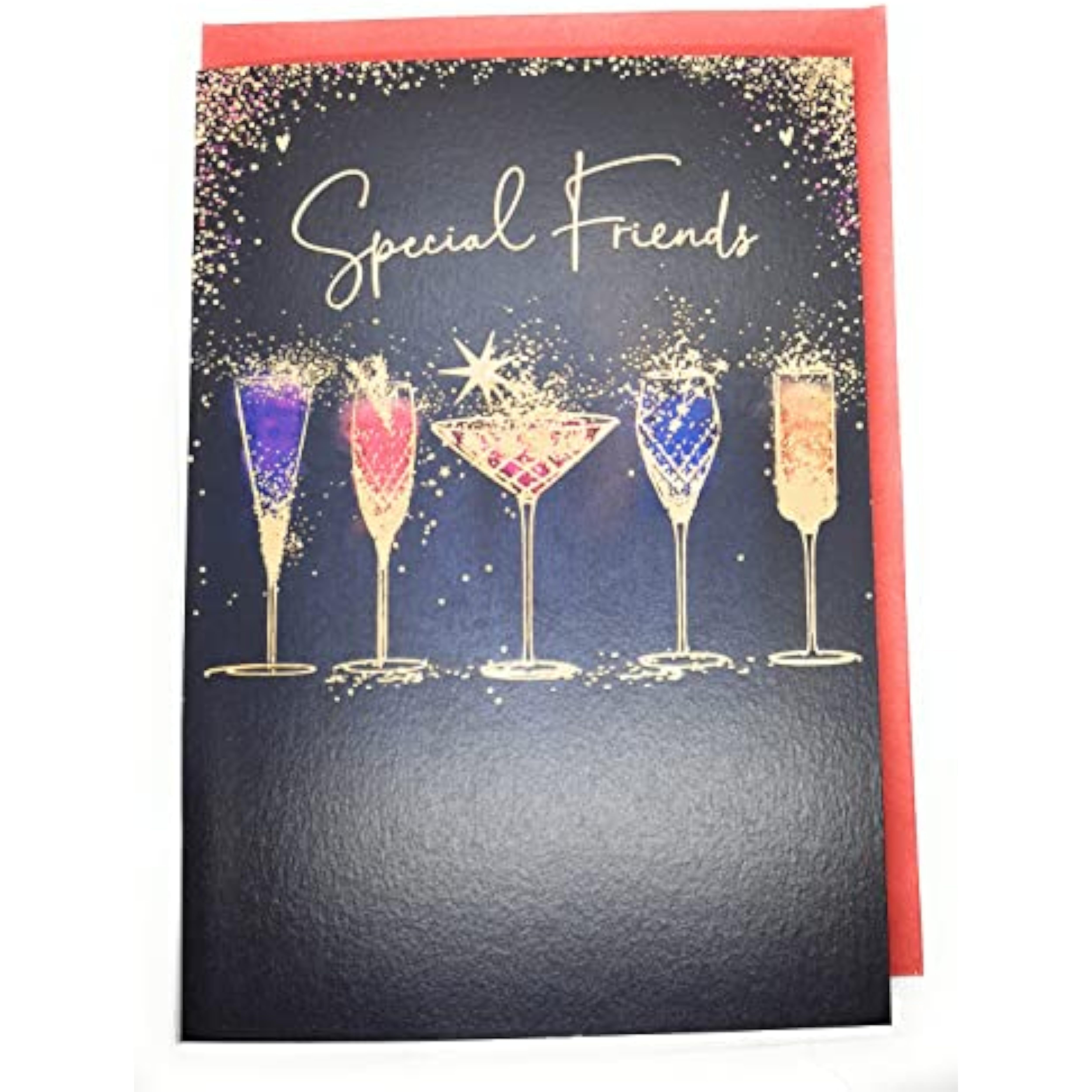 UK Greetings Christmas card for special friends featuring festive drinks and gold foil finish, showcasing holiday greeting card design.