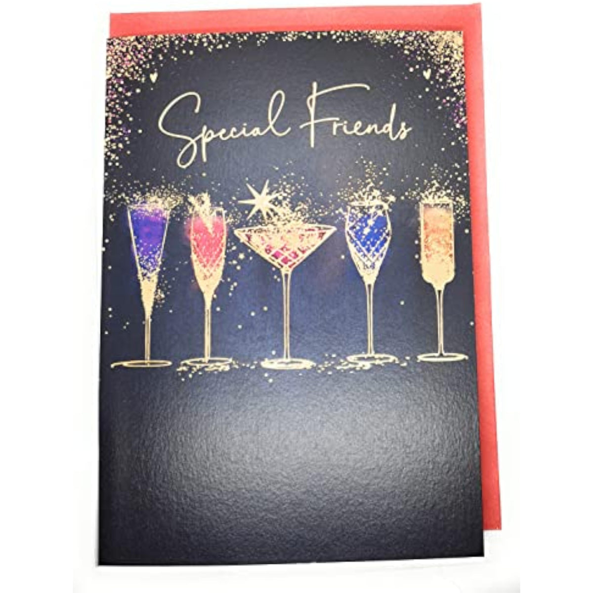 UK Greetings Christmas card for special friends featuring festive drinks and gold foil finish, showcasing holiday greeting card design.