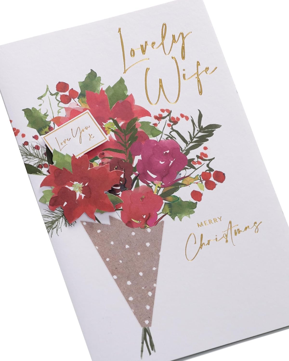 UK Greetings Christmas card for wife featuring a bouquet design, beautifully illustrated with festive holiday imagery.