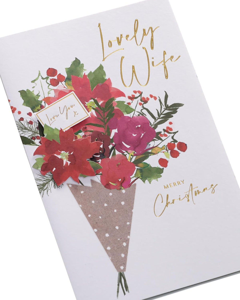 UK Greetings Christmas card for wife featuring a bouquet design, beautifully illustrated with festive holiday imagery.
