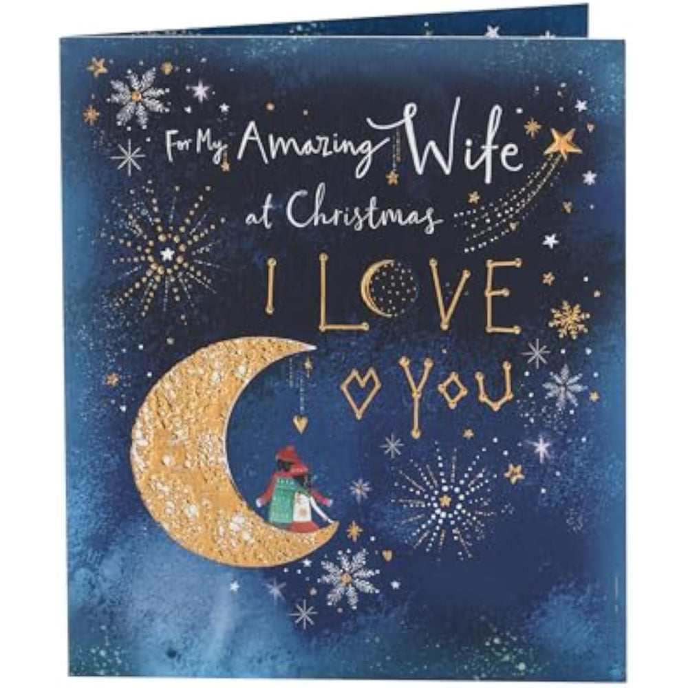 UK Greetings Christmas card for wife with moon design, featuring festive imagery on a greeting card for special holiday wishes.