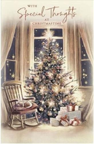 UK Greetings Christmas card featuring a tree, presents, and a sleeping cat, with festive holiday design and cheerful imagery.