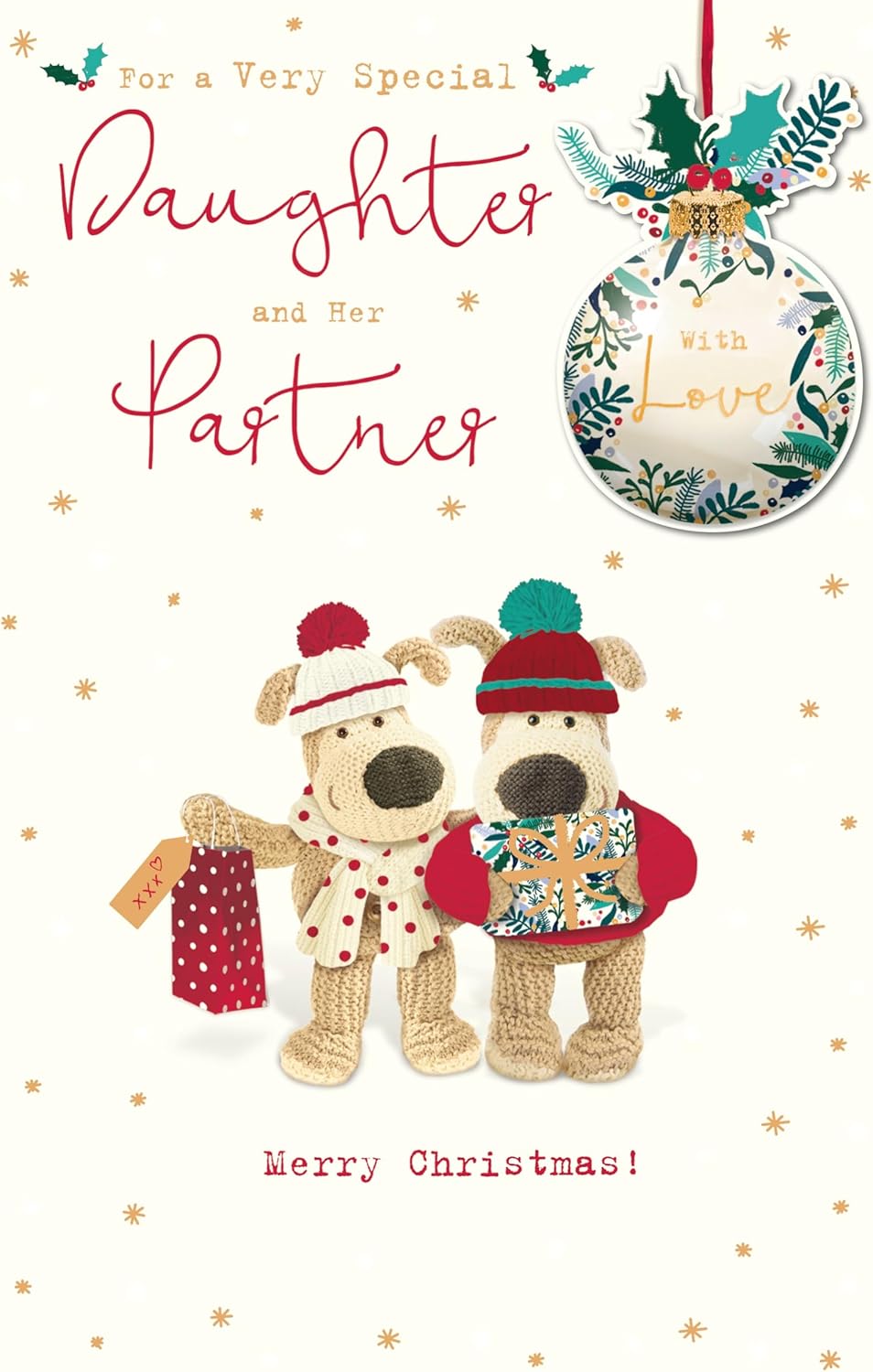 UK Greetings Christmas greeting card featuring cute Boofle holding gifts, festive design, suitable for daughter and partner.
