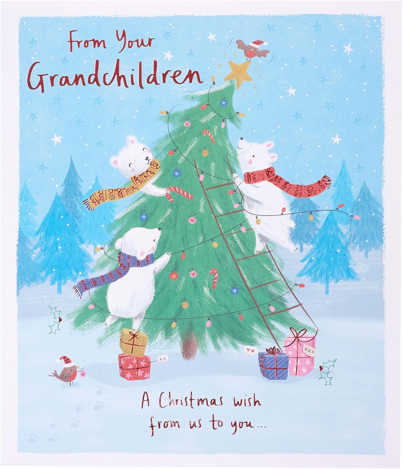 UK Greetings Christmas greeting card featuring cute polar bears and a festive tree design, perfect for grandchildren.