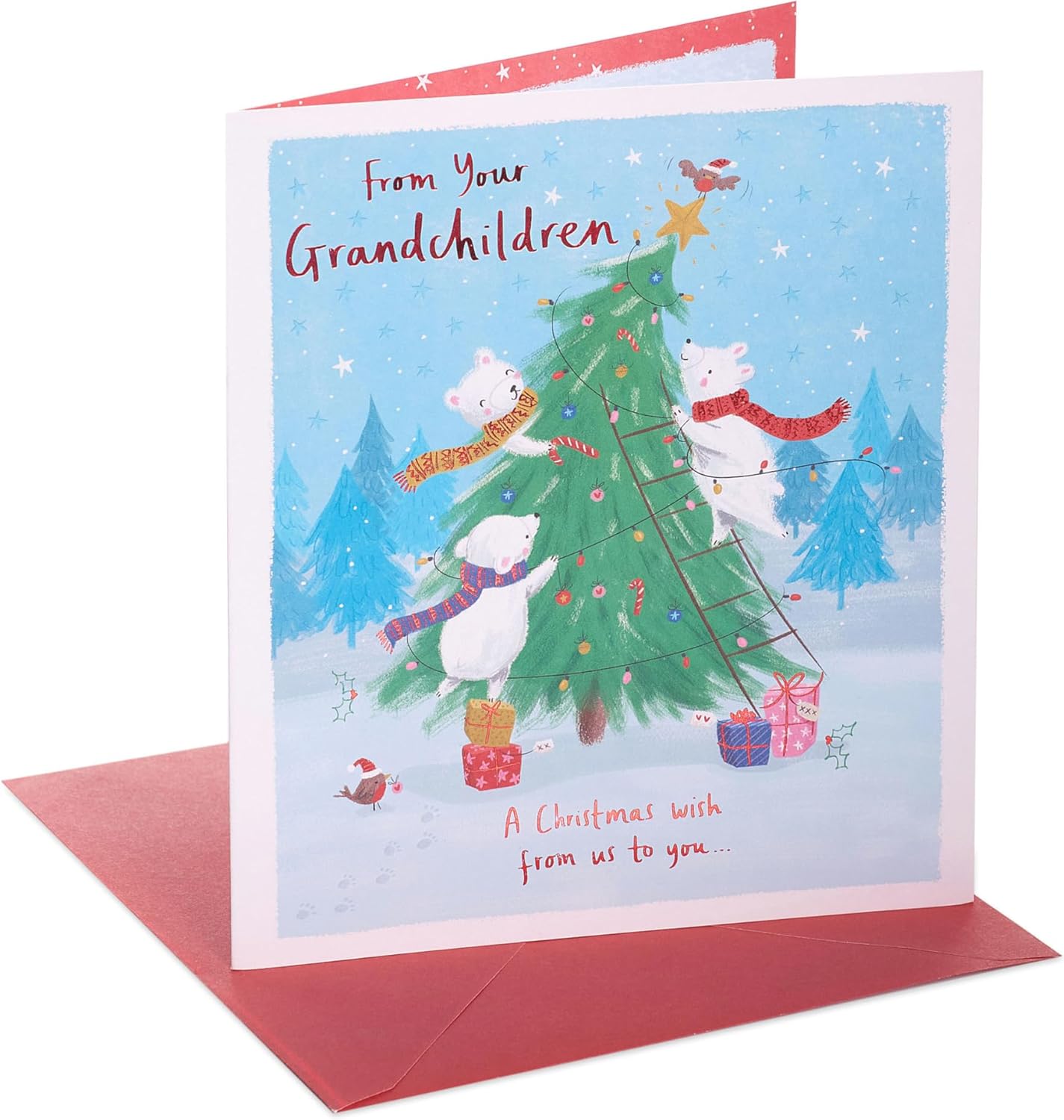 UK Greetings Christmas greeting card featuring adorable polar bears and a festive tree design, perfect for grandchildren.