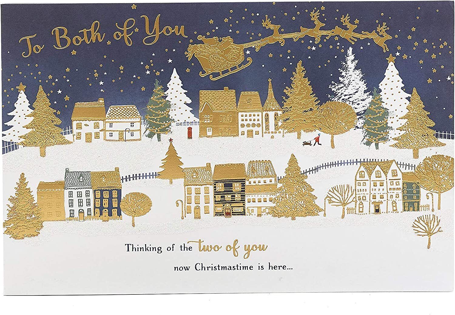 UK Greetings Christmas Town Scene greeting card featuring festive holiday illustrations for both recipients, 75-pack.