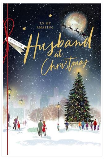 UK Greetings Christmas Tree City Scene greeting card featuring festive holiday imagery for my amazing husband.