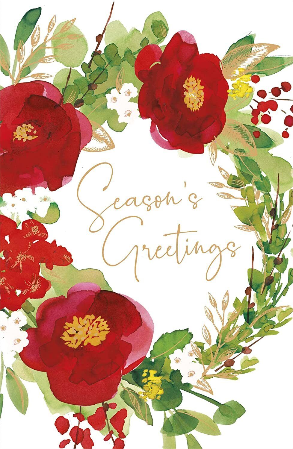 Watercolor UK Greetings Christmas Wishes greeting card featuring holly and ivy wreath, part of the 50-pack Christmas greeting card set.