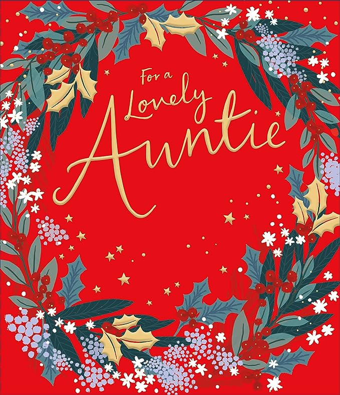 UK Greetings Christmas wreath Auntie card featuring festive holiday design, perfect for sending warm Christmas wishes.