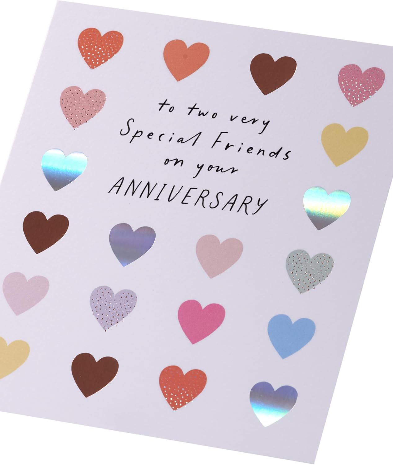 Bright UK Greetings anniversary greeting card featuring colorful hearts design for special friends, perfect for celebrating special occasions.