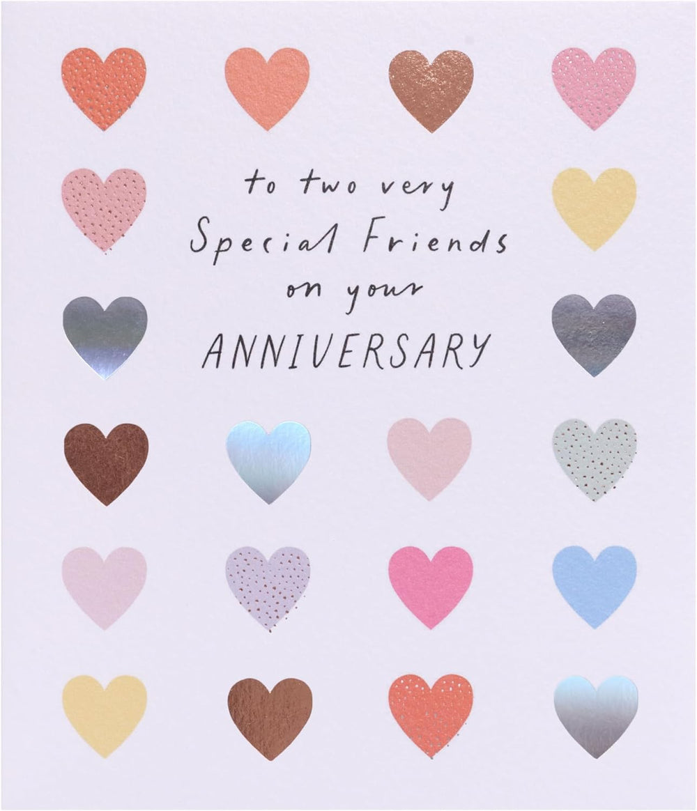 UK Greetings colourful hearts anniversary greeting card for friends, featuring bright and loving design with cheerful heart illustrations.
