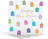 UK Greetings colorful houses design New Home congratulations card with bright, cheerful illustration and cheerful greeting text.