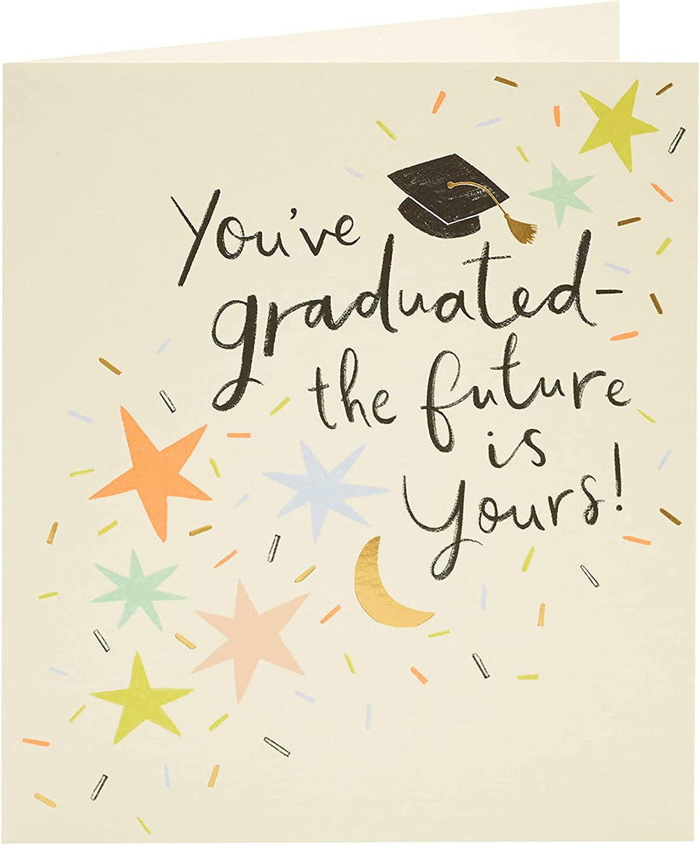 UK Greetings Graduation Card featuring congratulatory message, suitable for celebrating graduates, with colorful design and festive details.
