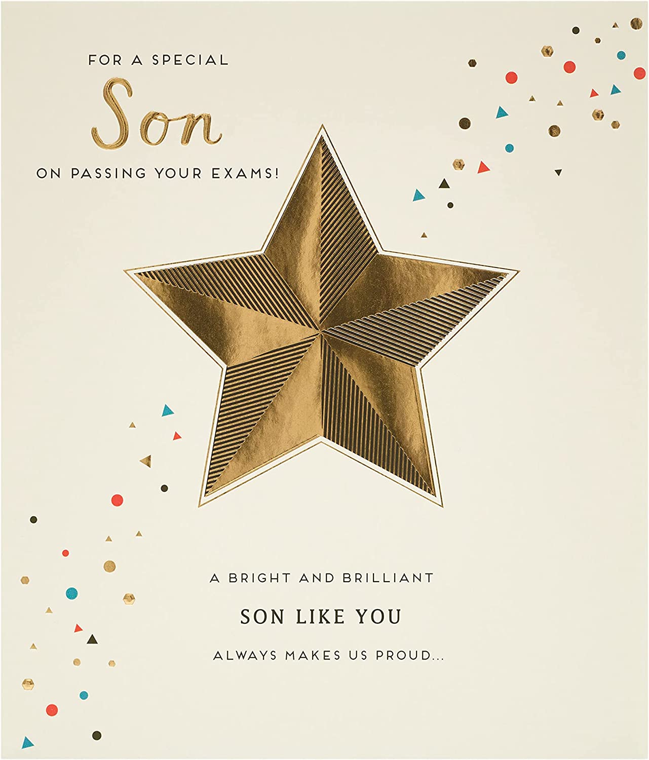 UK Greetings congratulation card for passing exams, featuring a cheerful design and message for a son.