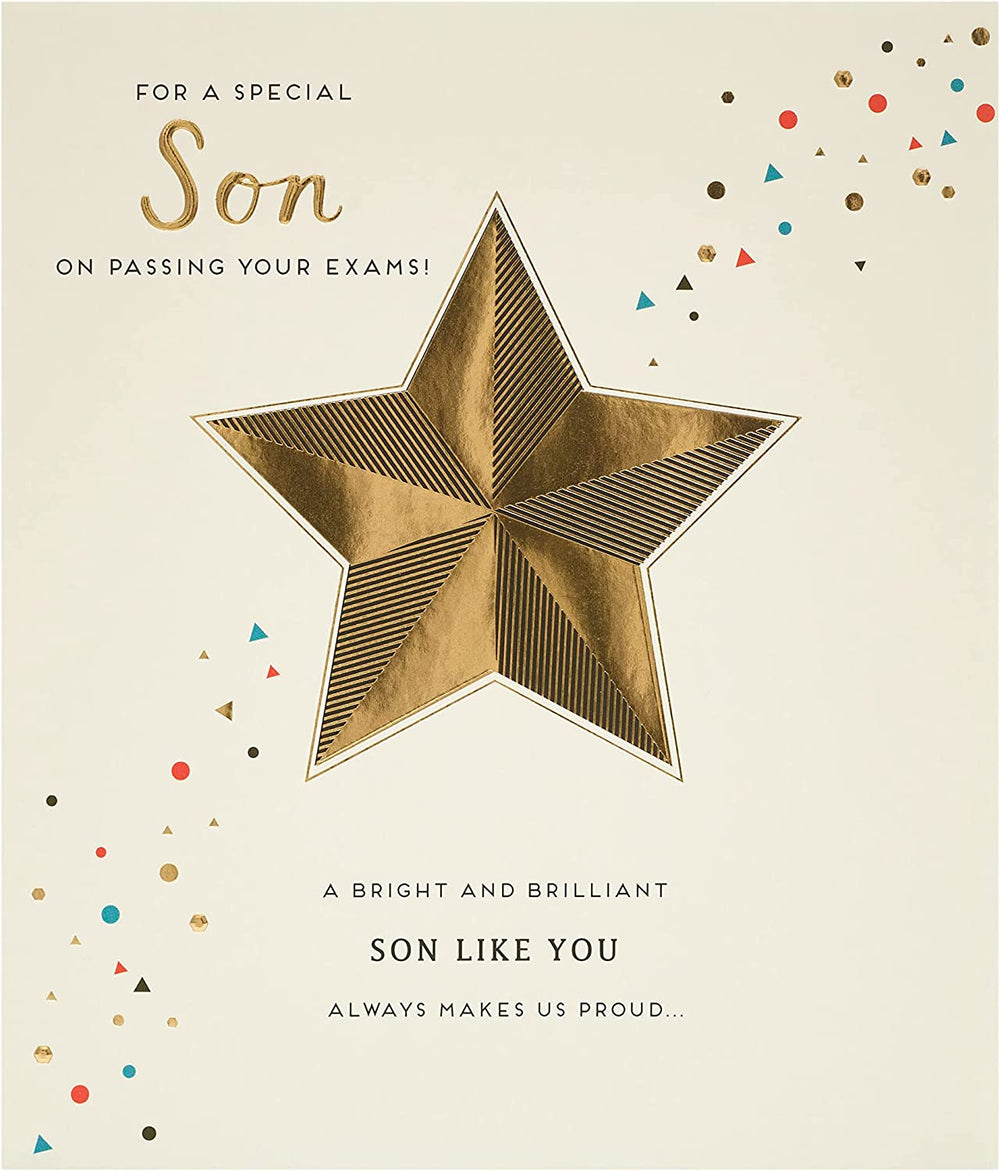 UK Greetings congratulation card for passing exams, featuring a cheerful design and message for a son.