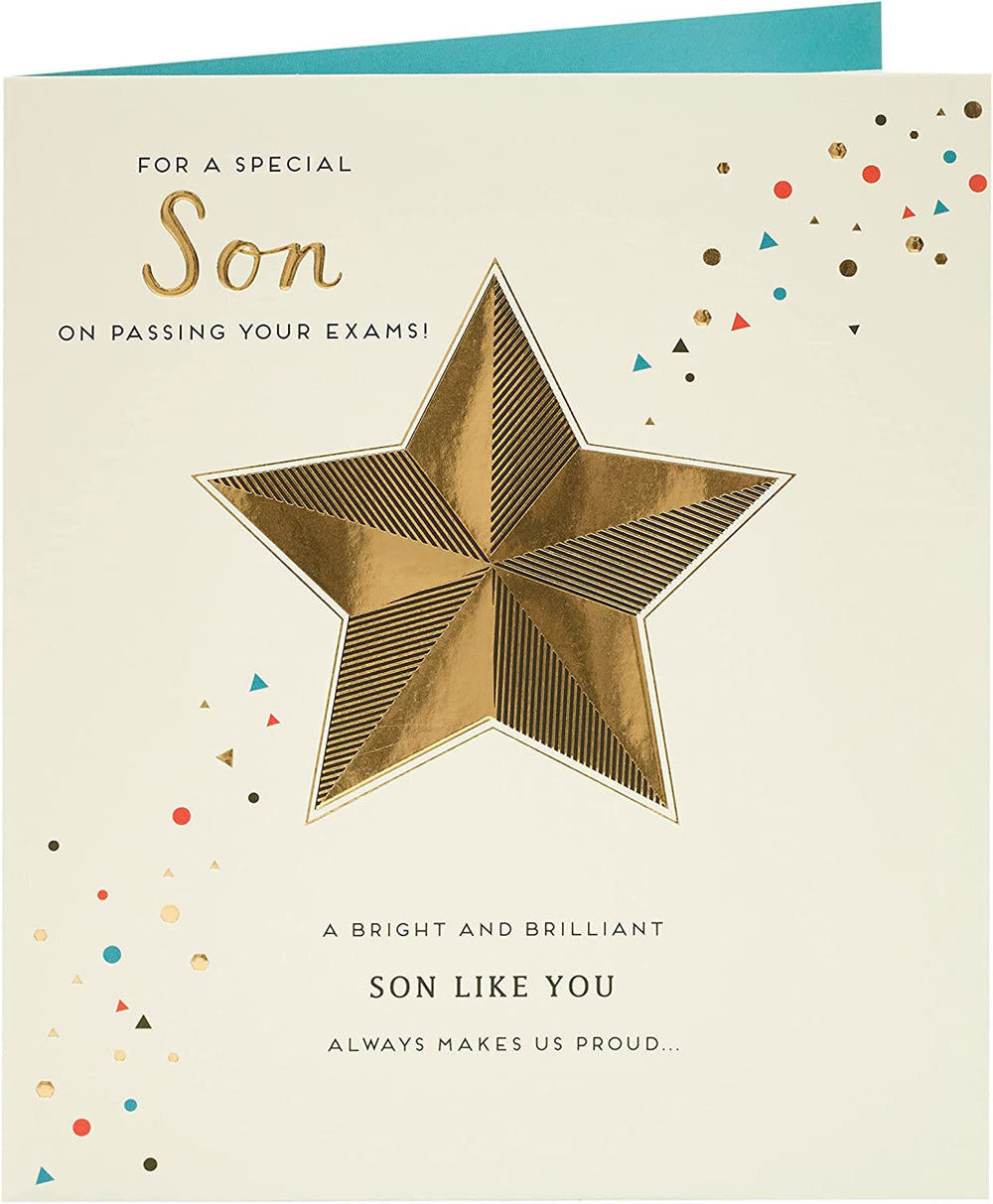 UK Greetings congratulations card for passing exams, featuring a cheerful design perfect for celebrating a son's achievement.