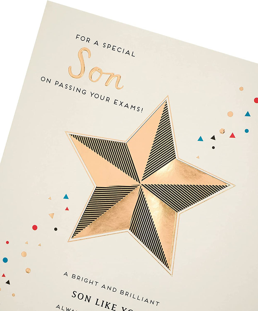 UK Greetings congratulation card for passing exams, featuring colorful design and message for a son.