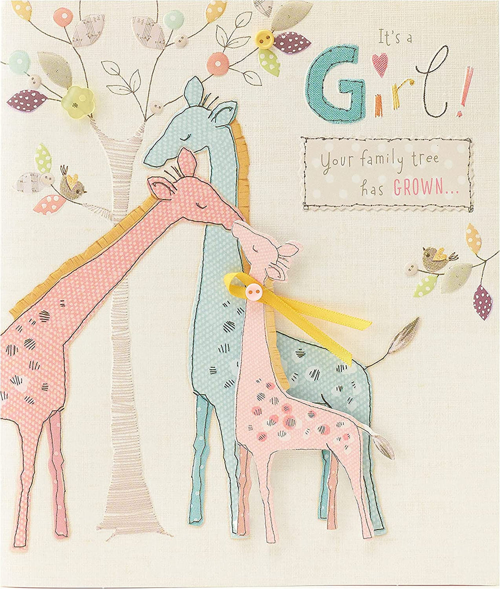 UK Greetings congratulations on new baby girl greeting card with colorful design and cheerful message for celebrating a baby's arrival.