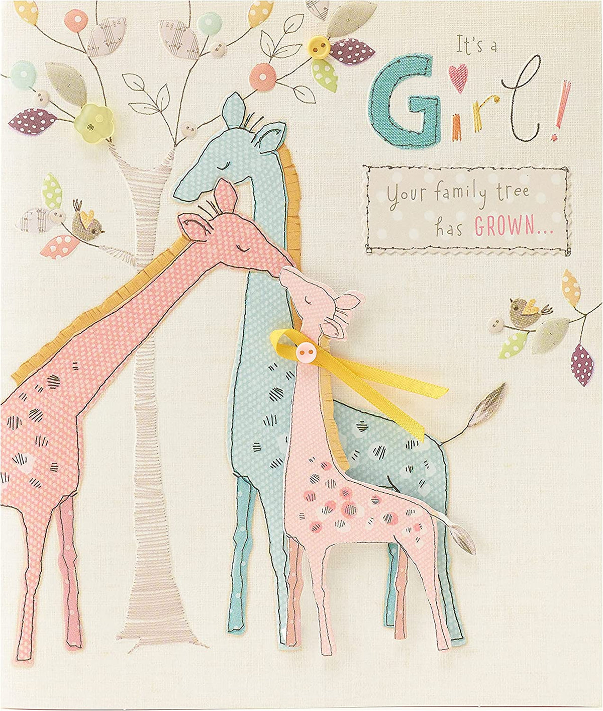 UK Greetings congratulations on new baby girl greeting card with colorful design and cheerful message for celebrating a baby's arrival.