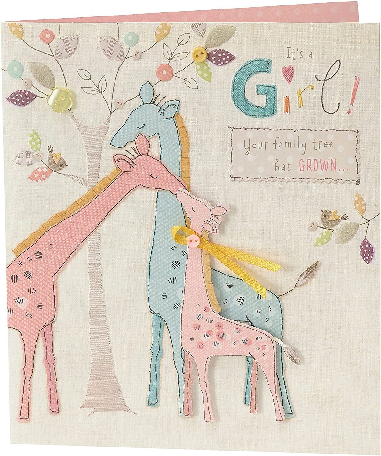UK Greetings congratulation greeting card for a new baby girl, featuring adorable design and cheerful messaging.