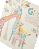 UK Greetings congratulations on new baby girl greeting card featuring pastel colors and adorable baby-themed design.