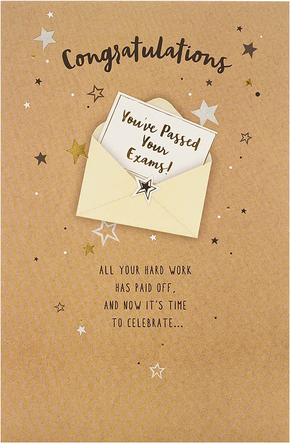 UK Greetings congratulations on your exams greeting card with gold foil finish, featuring celebratory design and elegant details.