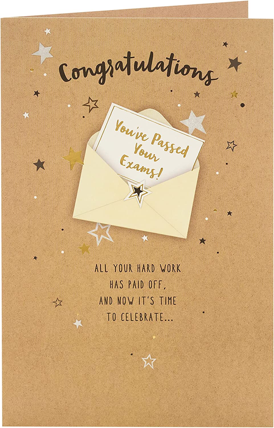 UK Greetings Congratulations on Your Exams card with gold foil finish, featuring celebratory design and elegant details.