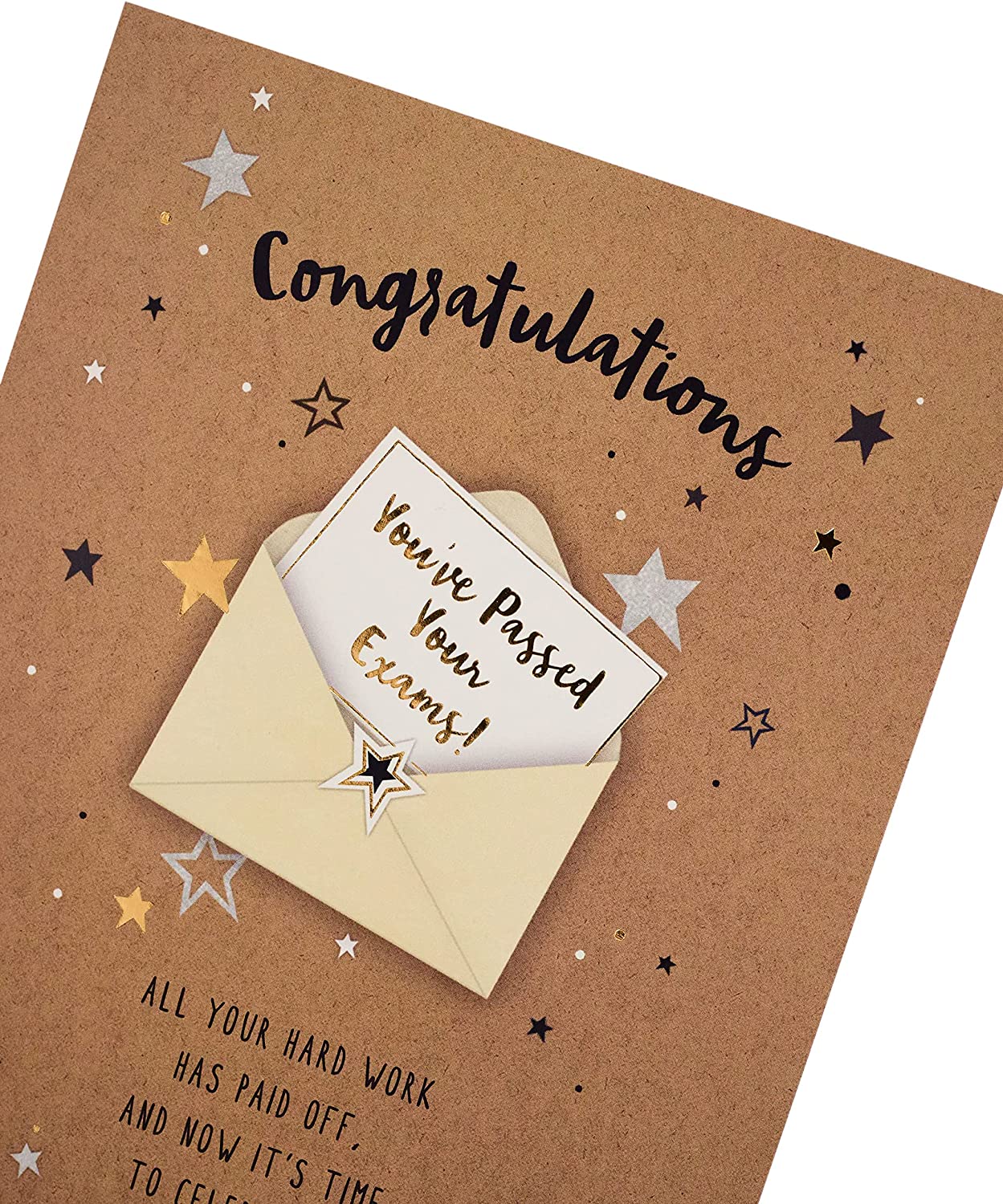 UK Greetings congratulations exam card with gold foil finish, featuring celebratory design and elegant lettering.
