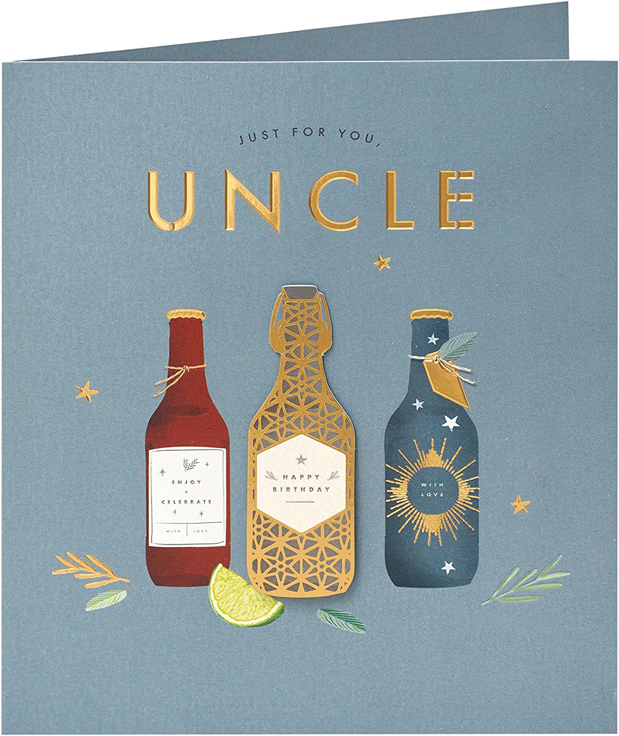 UK Greetings contemporary beer design Uncle birthday card featuring colorful beer glass illustrations and cheerful greeting text.