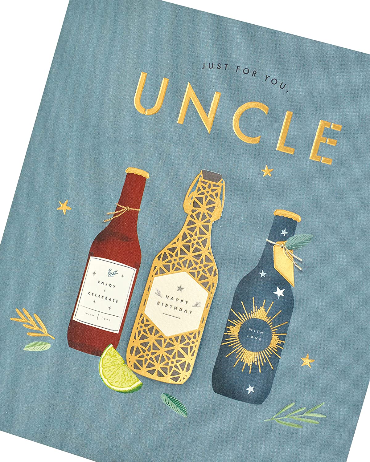 UK Greetings contemporary beer design Uncle birthday card showing colorful beer illustrations and festive greeting text.