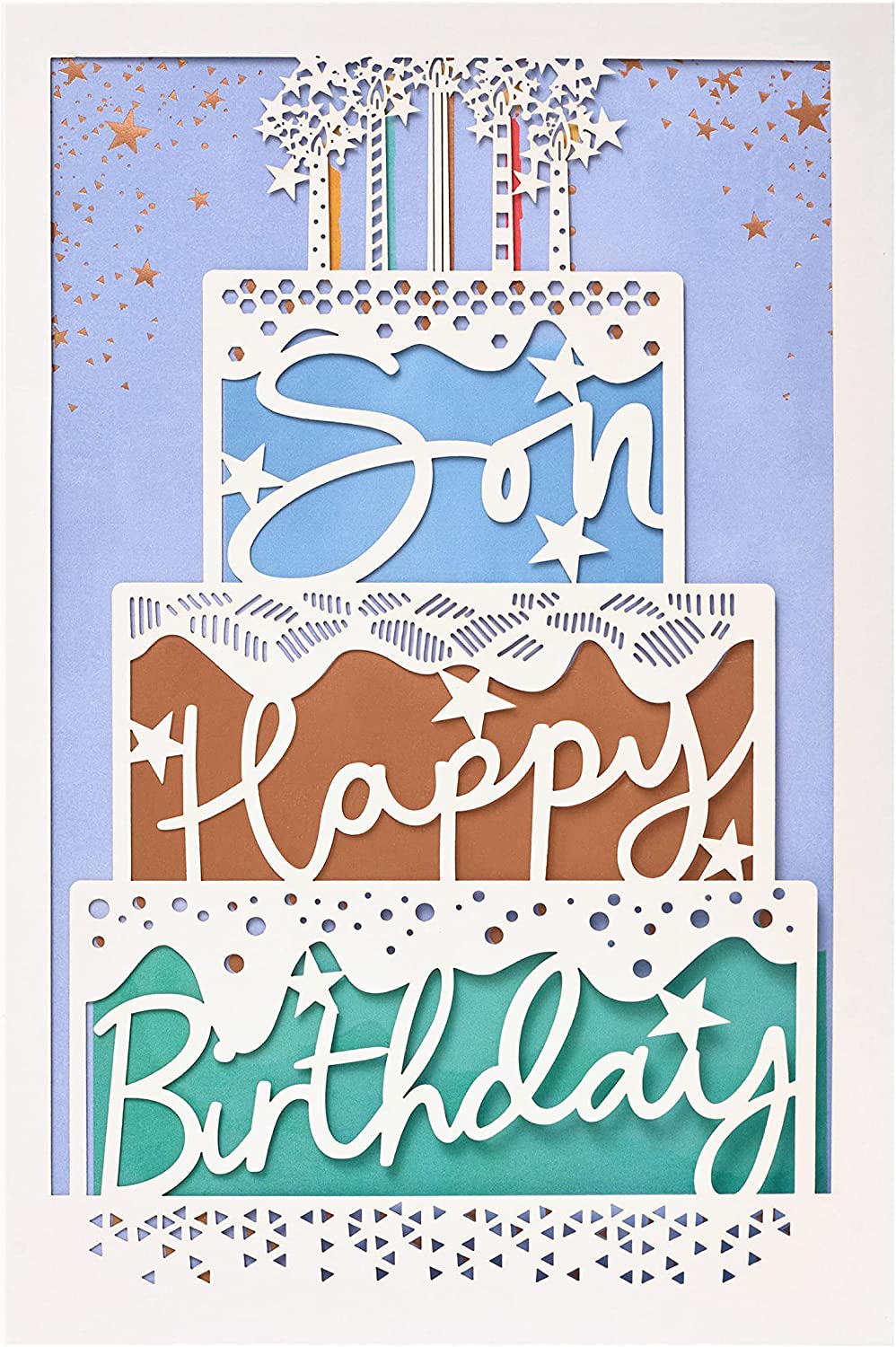 UK Greetings contemporary cake design birthday card for son, featuring colorful cake illustration and cheerful message.