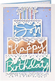 UK Greetings contemporary cake design birthday card for son, featuring colorful cake illustration on greeting card.