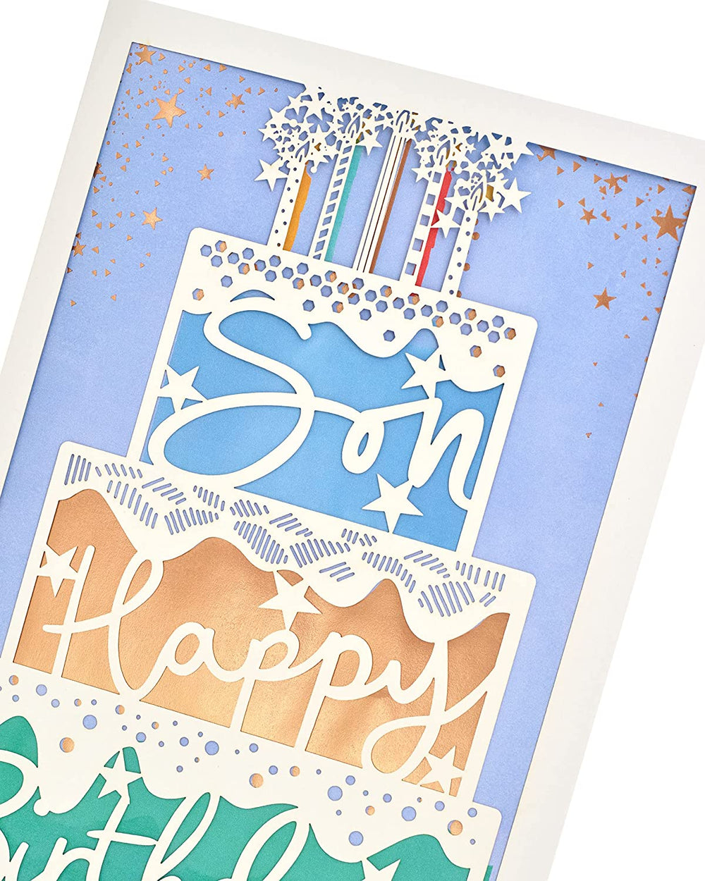 UK Greetings contemporary cake design son birthday card with colorful cake illustration and decorative elements.
