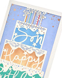 UK Greetings contemporary cake design son birthday card with colorful cake illustration and decorative elements.