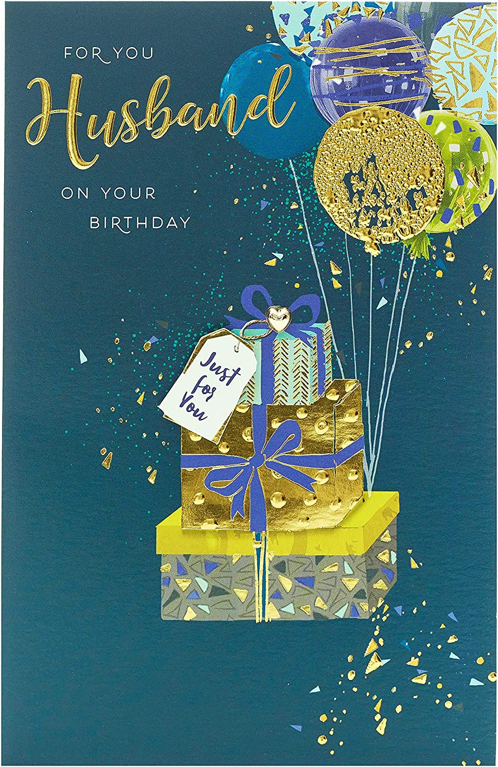 UK Greetings contemporary husband birthday card with colorful balloons attached to wrapped gifts, perfect for celebrating his special day.
