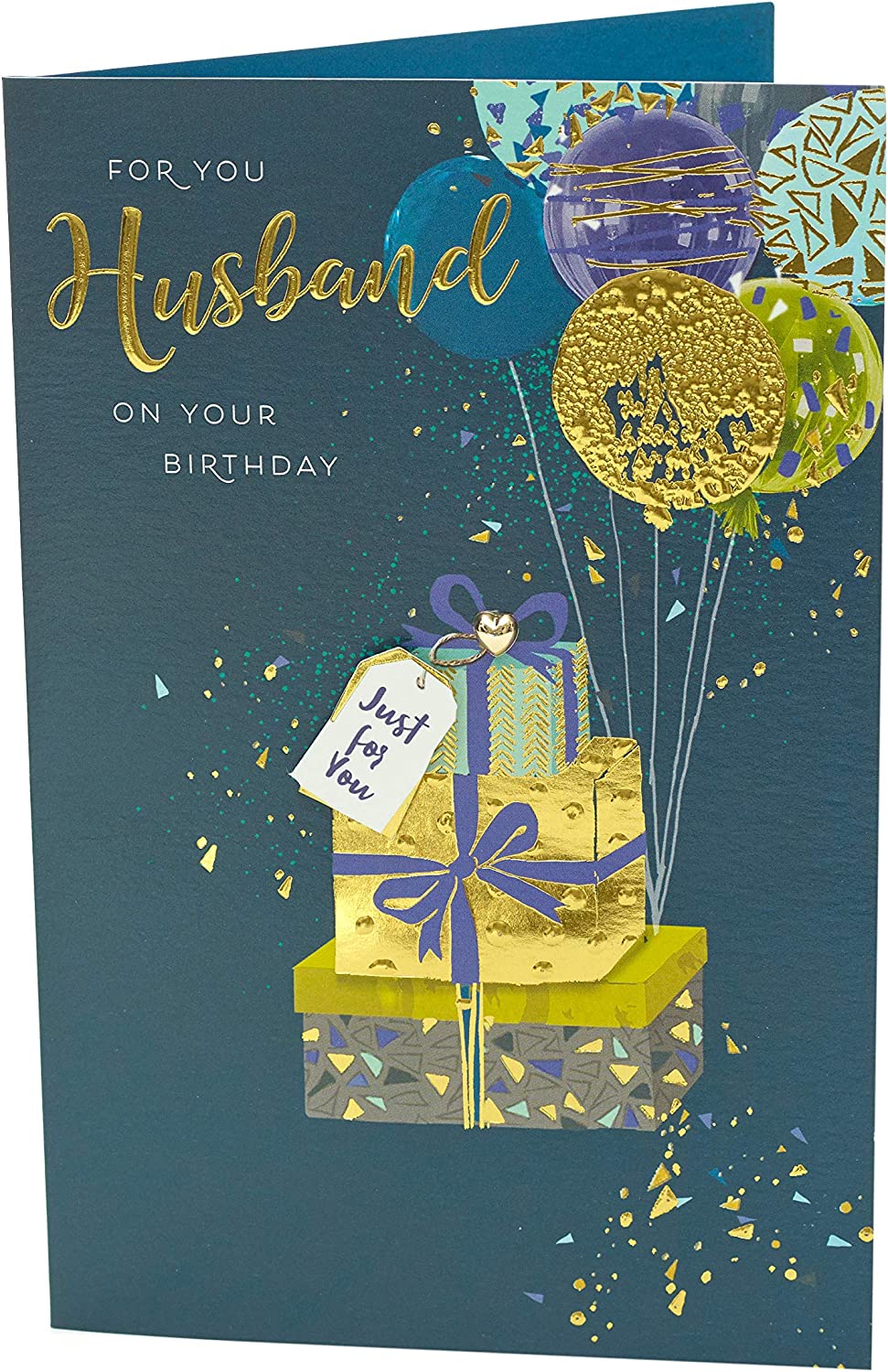 UK Greetings contemporary husband birthday card with colorful balloons attached to wrapped gift, celebrating special occasions.