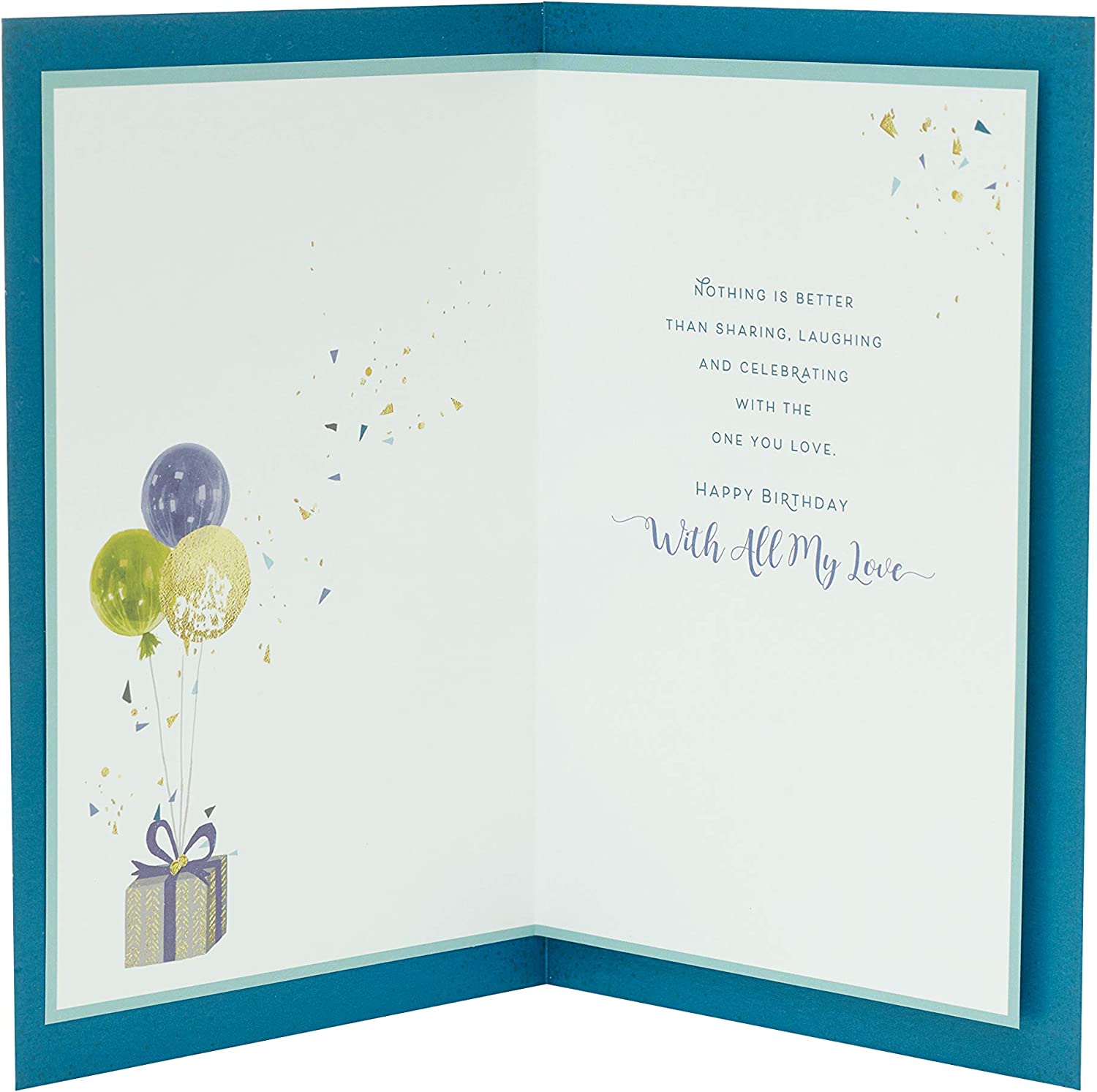 UK Greetings contemporary husband birthday card with colorful balloons attached to gifts, perfect for celebrating his special day.
