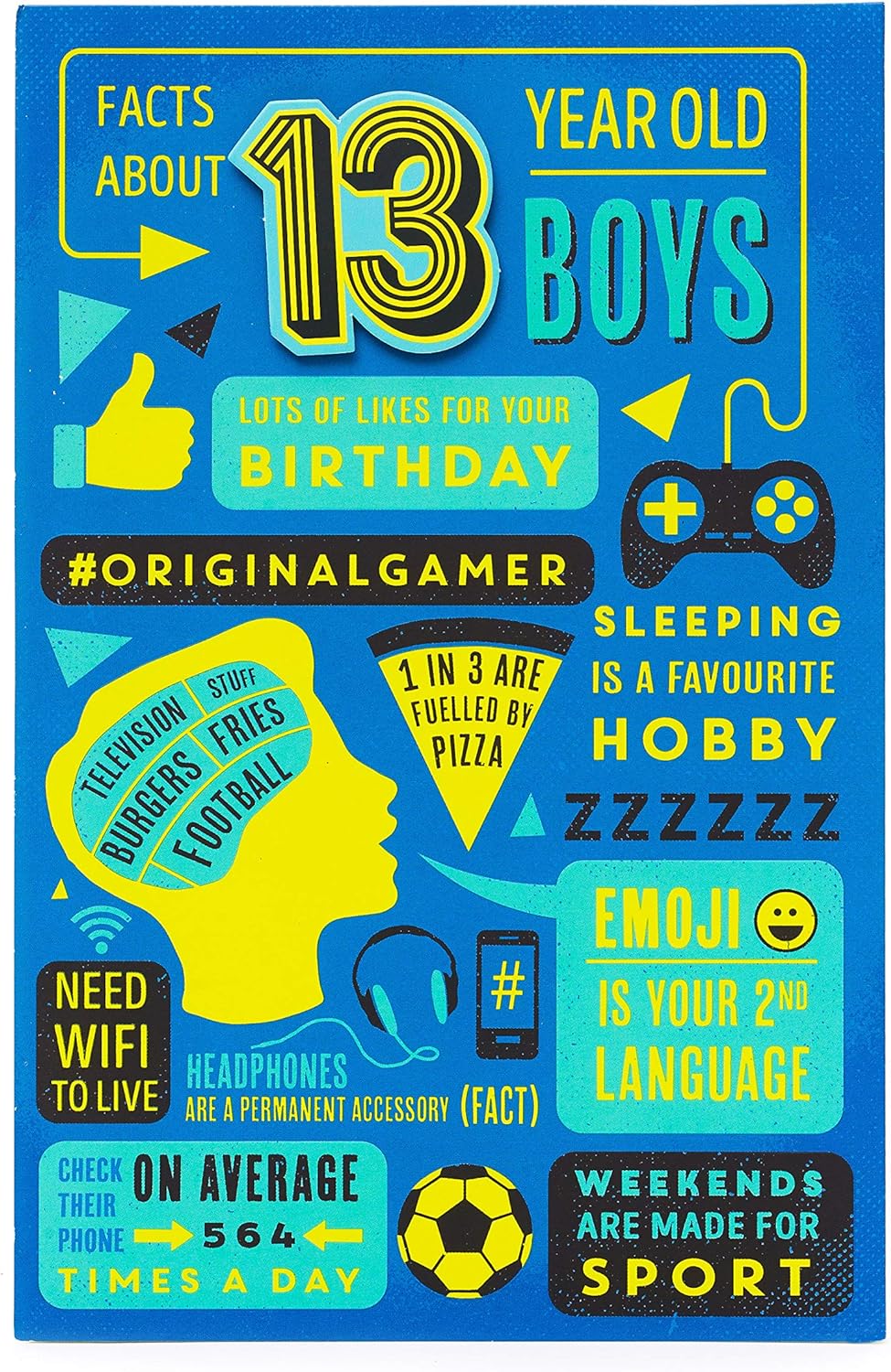 UK Greetings Cool Gamer Games 13th Birthday Card featuring vibrant gaming-themed design and colorful graphics for teen birthdays.