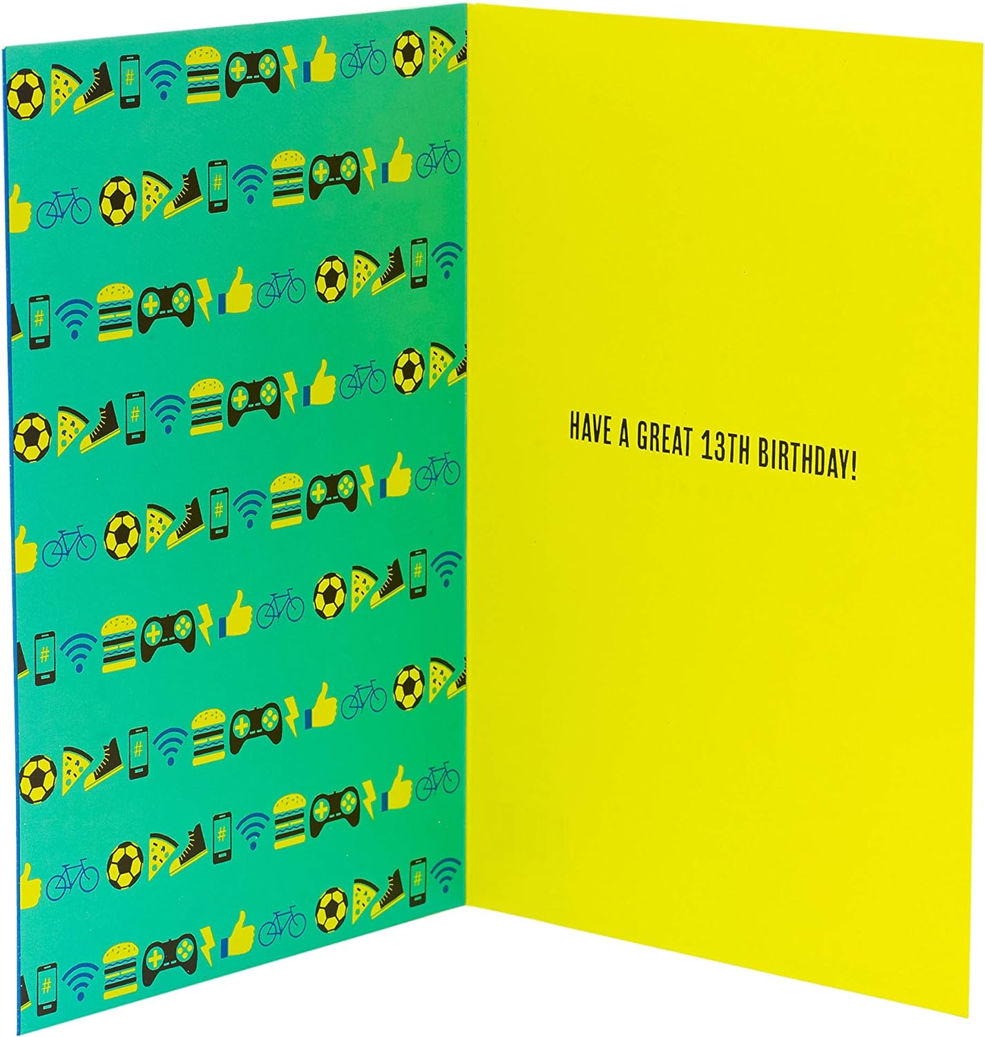 UK Greetings Cool Gamer Games 13th birthday card featuring colorful gaming-themed graphics and fun text for gamers.