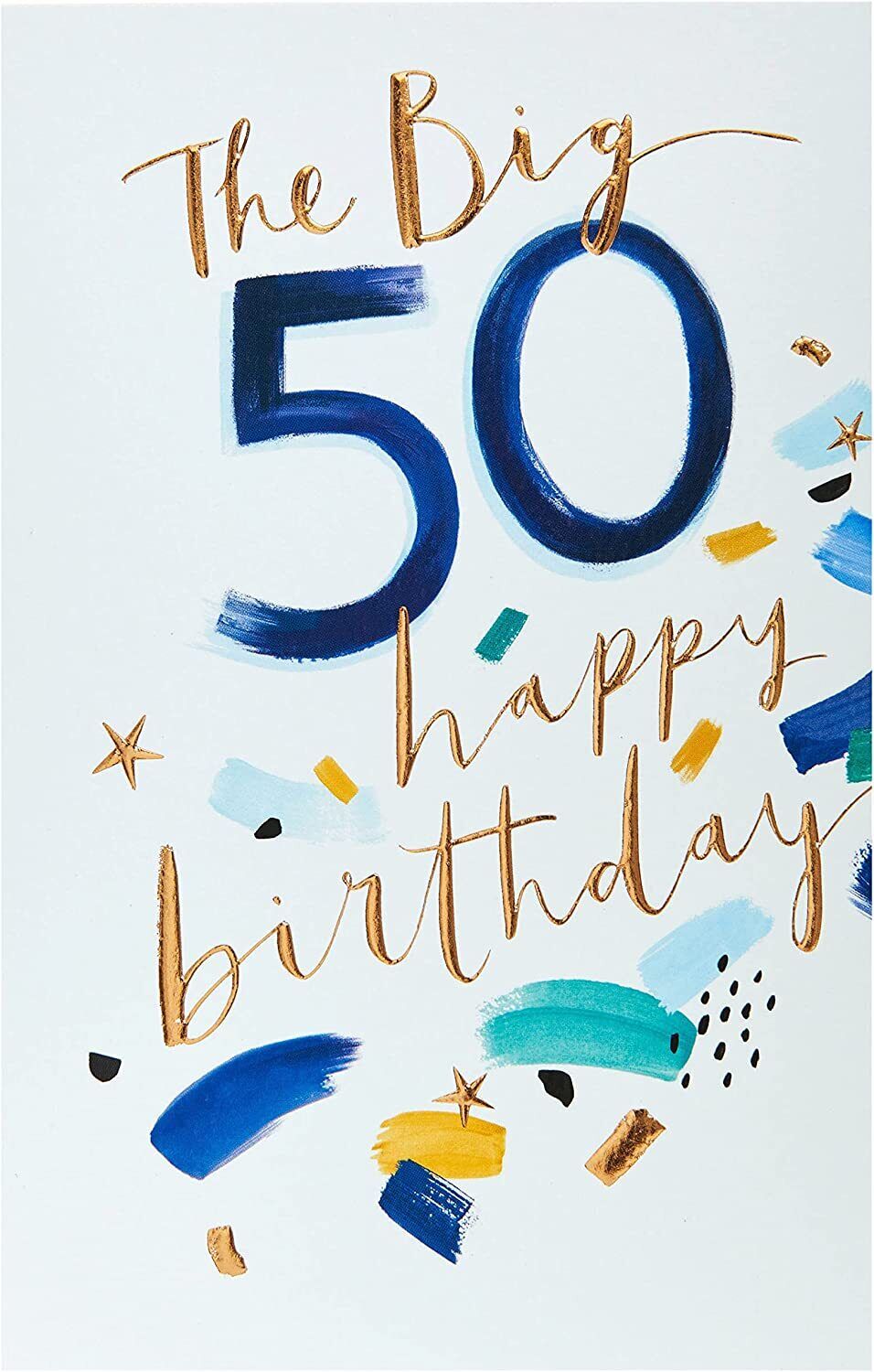 UK Greetings 50th birthday greeting card featuring copper foil accents and festive design, perfect for celebrating milestone birthdays.